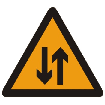 双向交通:双向行驶的道路上，采用天然的或人工的隔离措施，把上下行交通完全分离，由于某种原因（施工、桥、隧道）形成无隔离的双向车道时，须设置此标志。