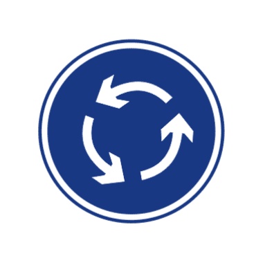 环岛行驶:表示只准车辆靠右环行。此标志设在环岛面向路口来车方向适当位置。