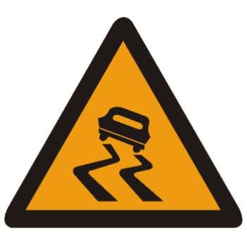 易滑:此标志设在路面的摩擦系数不能满足相应行驶速度下要求紧急刹车距离的路段前适当位置。行驶至此路段必须减速慢行。