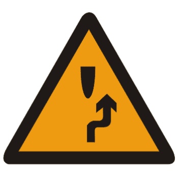 右侧绕行:此标志表示前方道路有障碍物，车辆应按标志指示减速慢行，右侧绕行通过，放置在路段前适当位置。