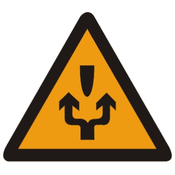 左右绕行:用以告示前方道路有障碍物，车辆应按标志指示减速慢行，左右绕行通过。放置在路段前适当位置。