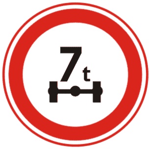 限制轴重:表示禁止轴重超过标志所示数值的车辆通行。此标志设在需要限制车辆轴重的桥梁两端。以图为例：限制车辆轴重量不得超过7t。