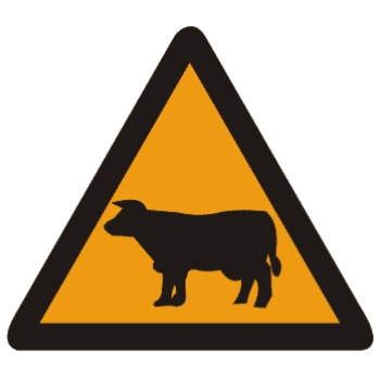 注意牲畜:此标志设在经常有牲畜活动的路段特别是视线不良的路段以前适当位置。