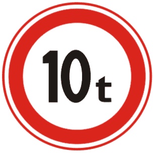 限制质量:表示禁止总质量超过标志所示数值的车辆通行。此标志设在需要限制车辆质量的桥梁两端。以图为例：装载总质量不得超过10t。